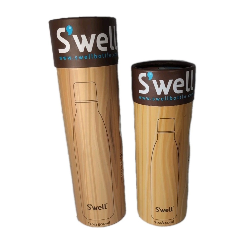 2 S'Well Teakwood Stainless Steel Vacuum Insulated 17 & 9 OZ. Bottles Hand Paint